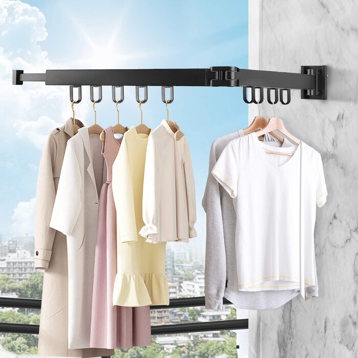 Настінна сушарка для білизни 120 см, висувна, складна, з вішалкою та 18 гачками для балкона, ванної кімнати, спальні, білого кольору