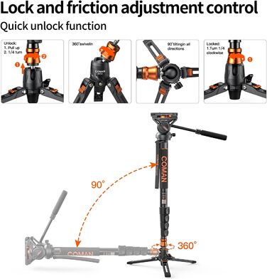 Штатив Coman Q6 для відеокамери та DSLR: міцна монопод з регулюванням 179.3 см, максимальне навантаження 10 кг, чорний