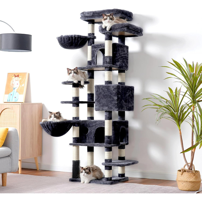 Багатоярусний котячий комплекс Hey-brother Kratzbaum 188 см з 2 платформами, 3 печерами, 2 кошиками, плюшевими кульками та сизалевим покриттям, сірий (MPJ035-MG)