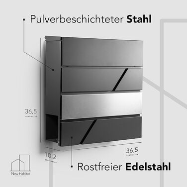 Сучасна поштова скринька антрацит з газетницею, настінна, персоналізована з гравіюванням (без гравіювання) - нержавіюча сталь, стійка до УФ-випромінювання, з монтажним комплектом