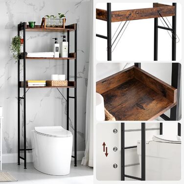 VASAGLE Toilet Shelf, 3 Tiers, Bathroom Shelf, Space-Saving, Easy to Assemble, for Laundry Room, Industrial Style, Rustic Brown and Black, BTS002B01