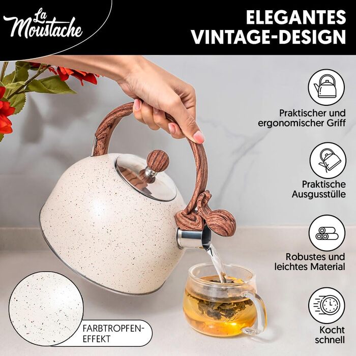 Чайник La Moustache Induktion: 2,5 л, 10 чашок, з нержавіючої сталі, з термостійким ручками та кришкою, для всіх плит (Бежевий)