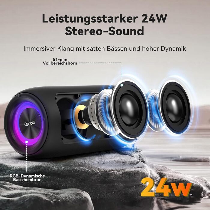 Портативна Bluetooth колонка Oraolo з RGB підсвіткою, водонепроникна IPX6, 10 год. роботи, для дому, велосипеда, вечірок - Чорна