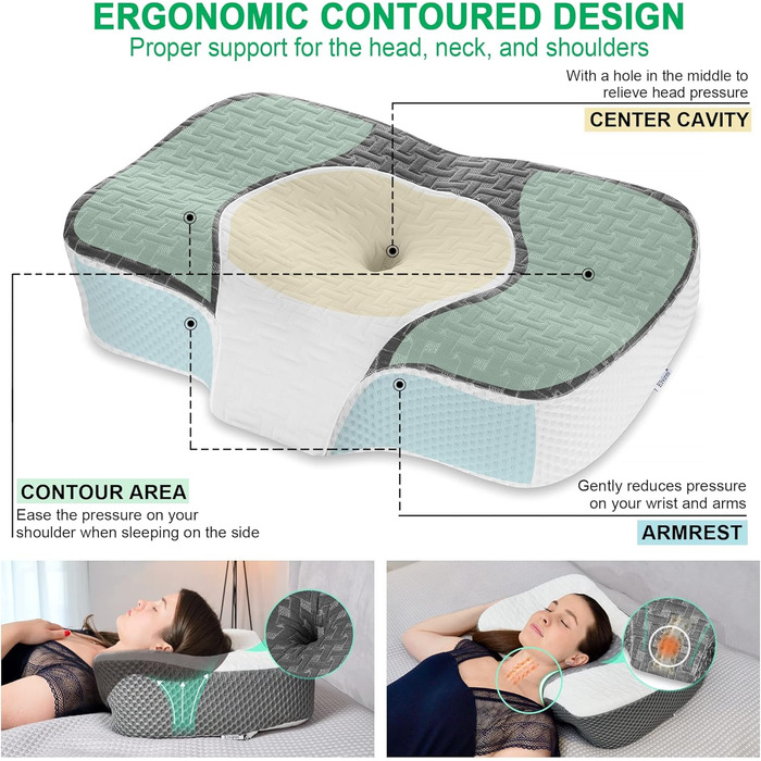 Elviros Orthopedic Memory Foam Pillow, Head Pillow for Neck Pain, Sleep Pillow, Ergonomic Neck Roll, Neck Support Pillow for Shoulder Pain, Anti-Snoring Pillow for Side Sleepers Dark Grey 60 x 38.6 x 9.9/13.5 cm