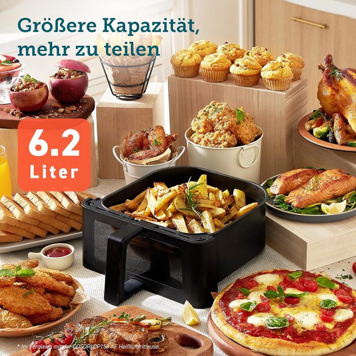 COSORI Air Fryer, 12-in-1 XXL Air Fryer 6.2L, Hot Air Fryer with Viewing Window & Shake Reminder, 80 Recipes, 55 Percent Energy Saving, Dishwasher-Safe Baskets Black Clear Blaze
