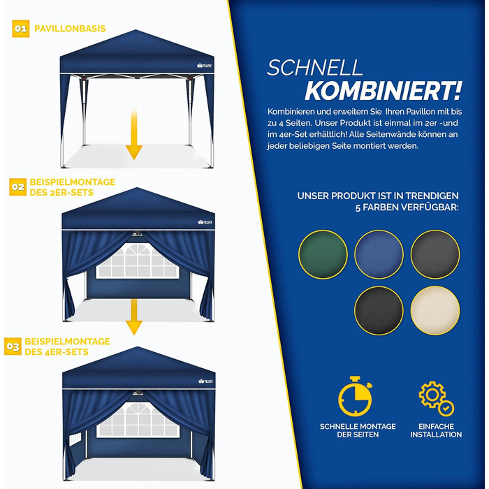 tillvex® for 3x3m Pavilion | Folding Pavilion Side Panels Water-Repellent | Side Windows & Zipper | Side Walls for Garden Tent Party Tent (4x Side Wall, Blue)