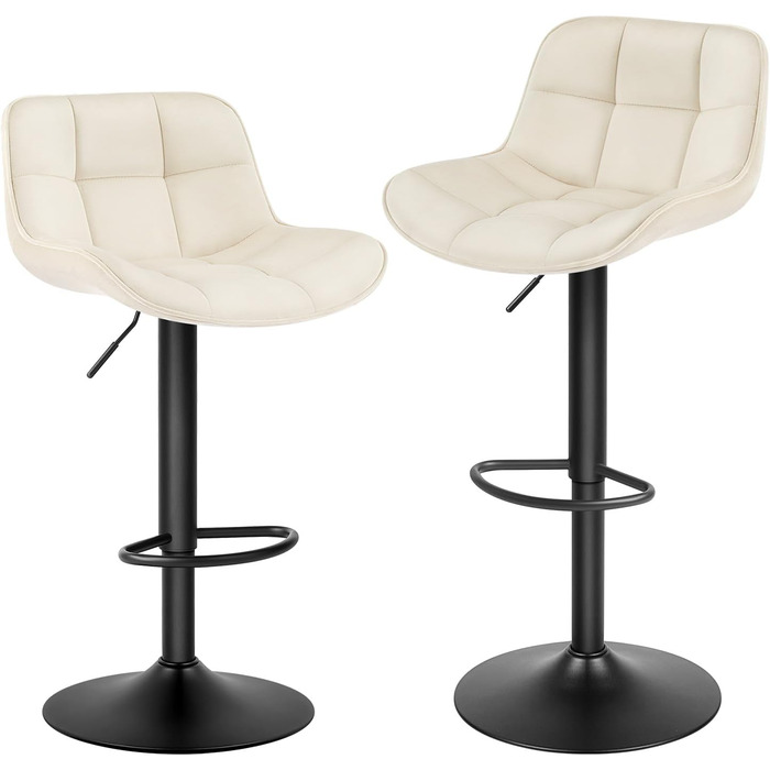 EUGAD Adjustable Bar Stools 2-Pack - 360° Swivel, Backrest & Footrest - Cream Velvet Upholstered Bar Stools for Kitchen Island, Metal Frame