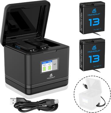 Набір акумуляторів та зарядного пристрою Homesuit Hero 13 для GoPro Hero 13 Black: 2 акумулятори 2300mAh + USB LED зарядний пристрій з підтримкою PD3.0 (Type-C)