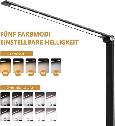 Стіл лампа LED, диммер, 5 кольорів, 10 рівнів яскравості, захист очей, нічник для дітей, офісна лампа, денне світло, USB-порт (чорний)