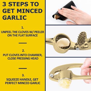 Преміум-нічна прес для часнику з нержавіючої сталі – підвищує якість вашого кулінарного досвіду. Набір прес, подрібнювач та лущильник часнику, стійкий до миття в посудомийній машині та нержавіючий (Золото)
