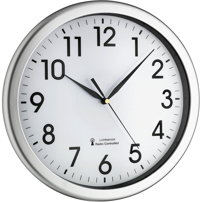 TFA Dostmann Analog Radio Wall Clock, 60.3519.02, with green backlight, quiet movement, radio clock plastic, silver, L 308 x W 43 x H 308 mm