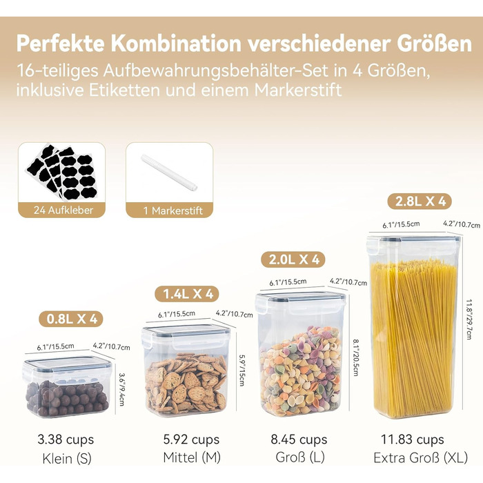 Набір контейнерів для зберігання продуктів Küchen 16 шт, 2.8л/30см, герметичні, без BPA, для круп, спагеті, борошна