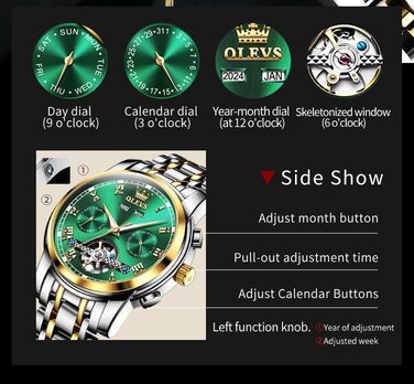 Чоловічий годинник OLEVS 6607 Кварцовий зі спортивним дизайном (диск колеса), водонепроникний, сталь, підсвітка, Зелений/Золотий