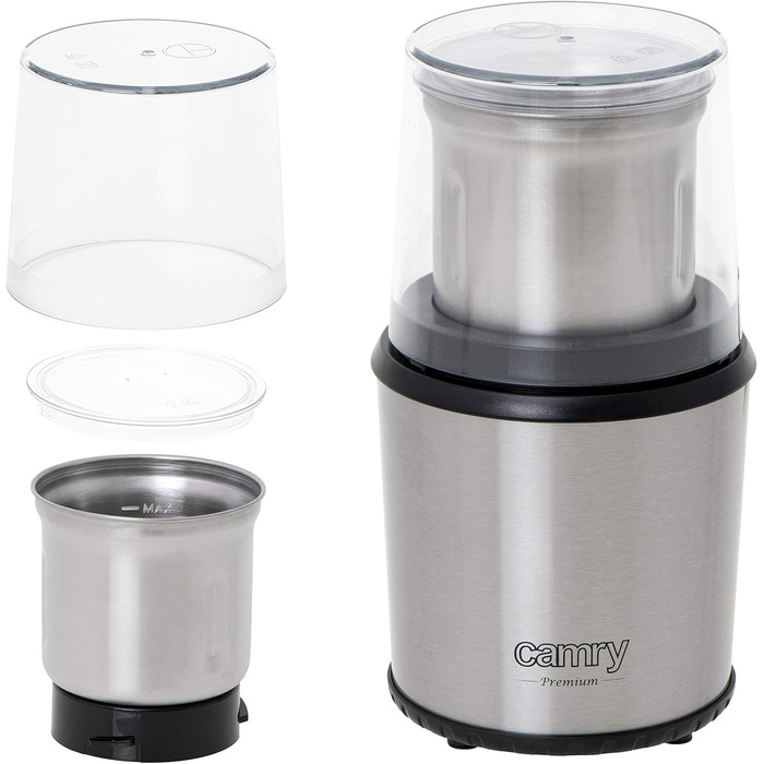 CAMRY CR 4444 Coffee Grinder with Safety Lid, 75g Capacity, 400W, Stainless Steel Housing, Safe Electric Grinder with Spoon, Electric Propeller Grinder with Transparent Lid, Silver
