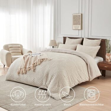 Богемна постільна білизна Boho 135x200 бежевого кольору з туфетою, геометричний візерунок, мікрофібра, комплект 2 шт. (135x200 + 80x80)