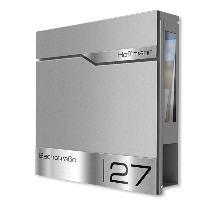 Поштовий ящик Metzler з газетницею та табличкою з нержавіючої сталі V2A, сучасний, стійкий до іржі, сірий алюміній Ral 9007, 10 років гарантії на запчастини, з вікном огляду Siebert