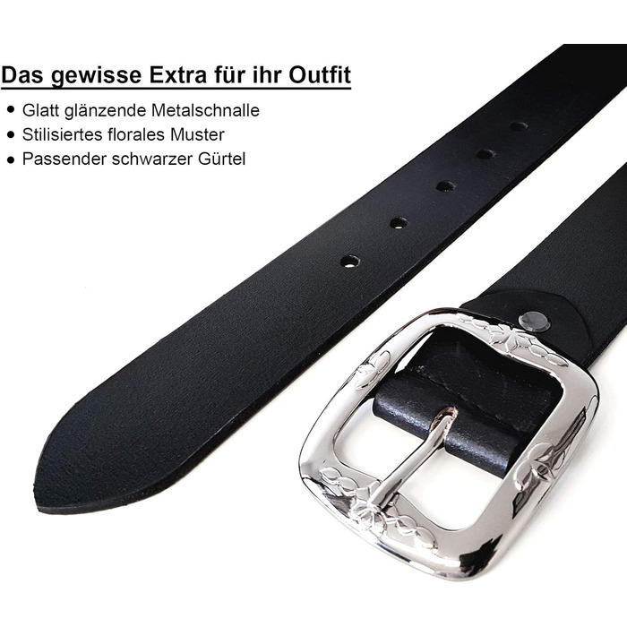 Жіночий шкіряний ремінь ROYALZ Vintage з буйволової шкіри 38 мм, чорний з квітковою пряжкою, регульований (115 см)