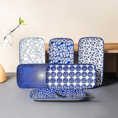 Сервіровочні тарілки Selamica Keramik, набір 6 шт., 24 x 14 x 2.5 см, вінтажний блакитний, для суші, закусок, фруктів