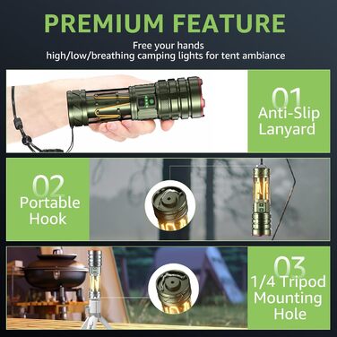 Потужний LED ліхтар 1000000 люмен, акумуляторний, з режимом кемпінгу, регулюванням фокусу, 11 режимів, довга робота від акумулятора, водонепроникний тактичний ліхтар для кемпінгу, відпочинку на природі та надзвичайних ситуацій (зелений)