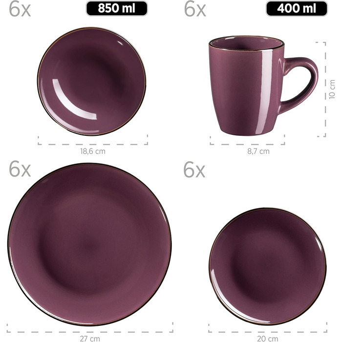 Modern Dinnerware Set for 6 People with Brass-Colored Rim, 24-Piece Combination Service with Rimless Coupe Shapes, Black 24-Piece Black