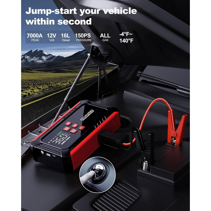 Powerbank з компресором 7000A для запуску авто 12V, 150PSI, 8L/10L (бензин/дизель), LED-ліхтарик
