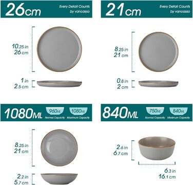 Набір посуду на 6 осіб Vancasso RENO 24 шт. з каменю, сучасний сервіз: обідні, супові, десертні тарілки, миски. Можна мити в посудомийній машині та використовувати в мікрохвильовці, сірий колір.