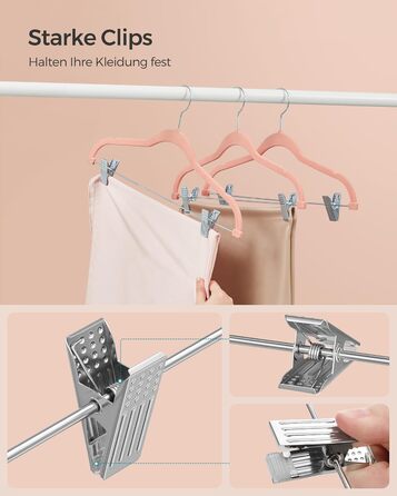 SONGMICS Velvet Clothes Hangers, 10-Piece Set, Skirt Hanger, 42.5 cm wide, with adjustable clips, non-slip, space-saving, for pants, coats, dresses, Light Pink CRF012R10