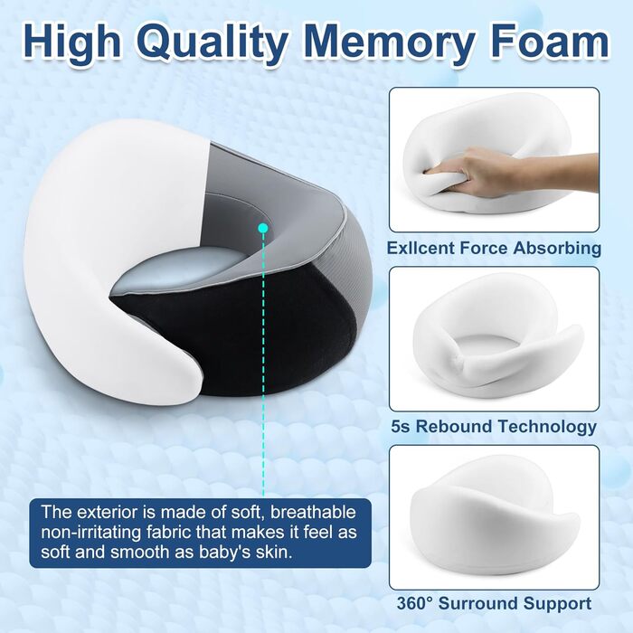 Подушка для шиї у літак з Memory Foam, набір: подушка, маска для сну та навушники (сіра)