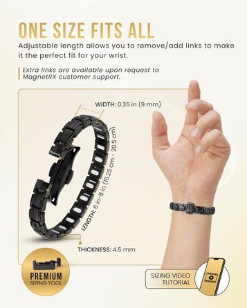 Браслет на магнітах MagnetRX® Ultrastarkes Titan для жінок – титановий браслет з регулюванням розміру, чорний (5x Strength)