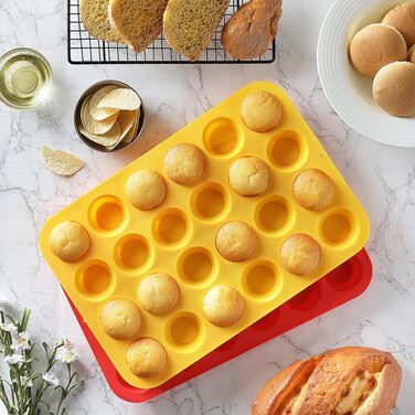 Silicone Mini-Muffin Tin, non-stick coated, 24 cavities, ideal for making muffins, cakes, tarts, bread, BPA-free, dishwasher safe, Red + Yellow, 2 pieces
