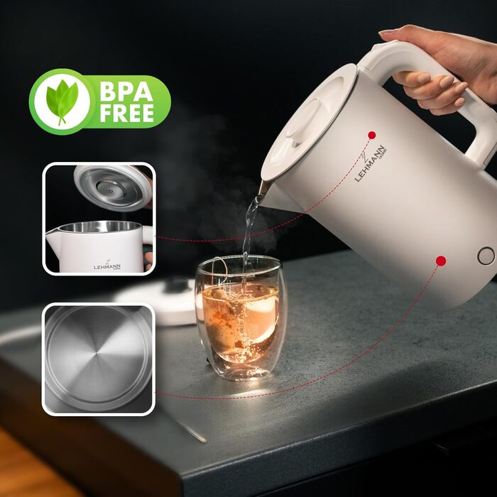 Електричний чайник LEHMANN з нержавіючої сталі 1.7L, 2200W, швидкий нагрів, подвійні стінки, автовимкнення та захист від перегріву, BPA-free, для дитячого харчування, чаю та кави (білий)