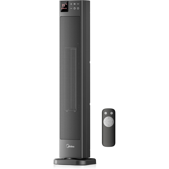 Електричний обігрівач Midea Ceramic 2000W з термостатом, 3 режими, таймер 24 год, захист від перегріву та перекидання, миттєве тепло для офісу та спальні (сірий, 76 см)
