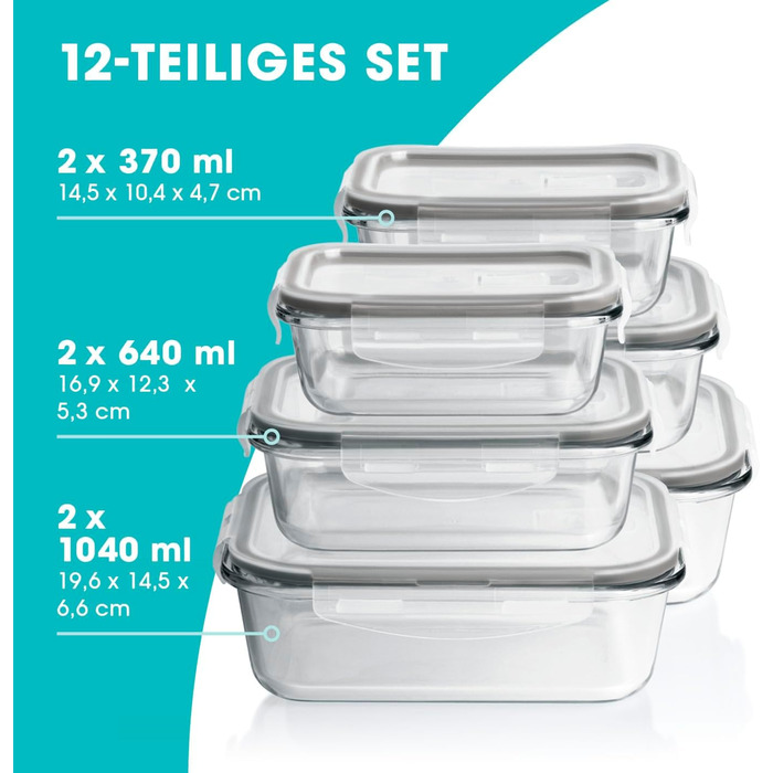 Набір скляних контейнерів GOURMETmaxx Klick-it (6 шт.) для зберігання їжі та Meal Prep | Підходять для мікрохвильовки, морозилки та посудомийної машини | З силіконовою ущільнювальною кільцем, антрацит