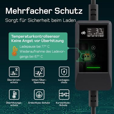 Кабель для зарядки електромобіля Type 2 Schuko 3,7kW (6-16A, 1-фазний) з LCD-дисплеєм, 7м, чорний, для ID.3/4/5/7, Model Y/3, ENYAQ та інших PHEV/EV