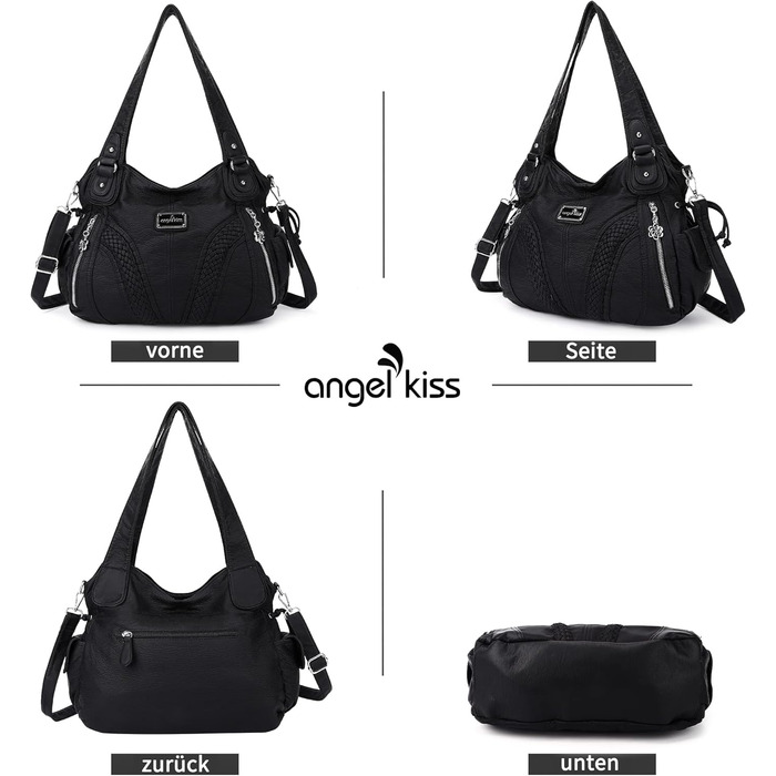 Сумка жіноча AngelKiss через плече, чорна, PU шкіра, водонепроникна, багатофункціональна з кишенями на блискавці