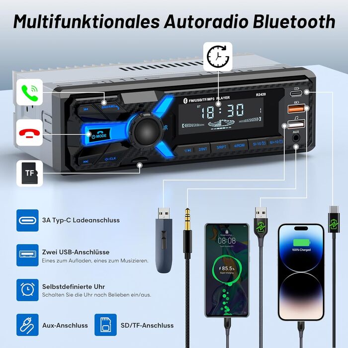 Автомагнітола Wistrue 1DIN з Bluetooth, FM/AM, USB/SD, AUX, MP3, Type-C, чорна