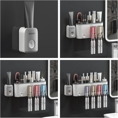 Drill-free toothbrush holder, wall-mounted, bathroom shelf with 1 automatic toothpaste dispenser, 6 brush hooks, 1 cosmetic drawer, organizer, and ample storage space (1 dispenser + 3 cups)