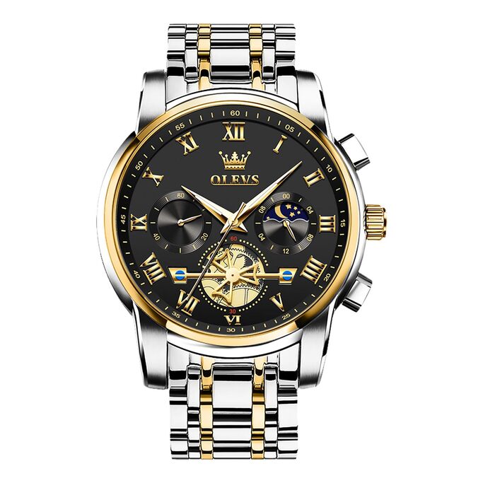Годинник чоловічий OLEVS з металевим ремінцем, кварцовий, з місячною фазою, хронограф, водонепроникний (2859 Чорний / Двоколірний)