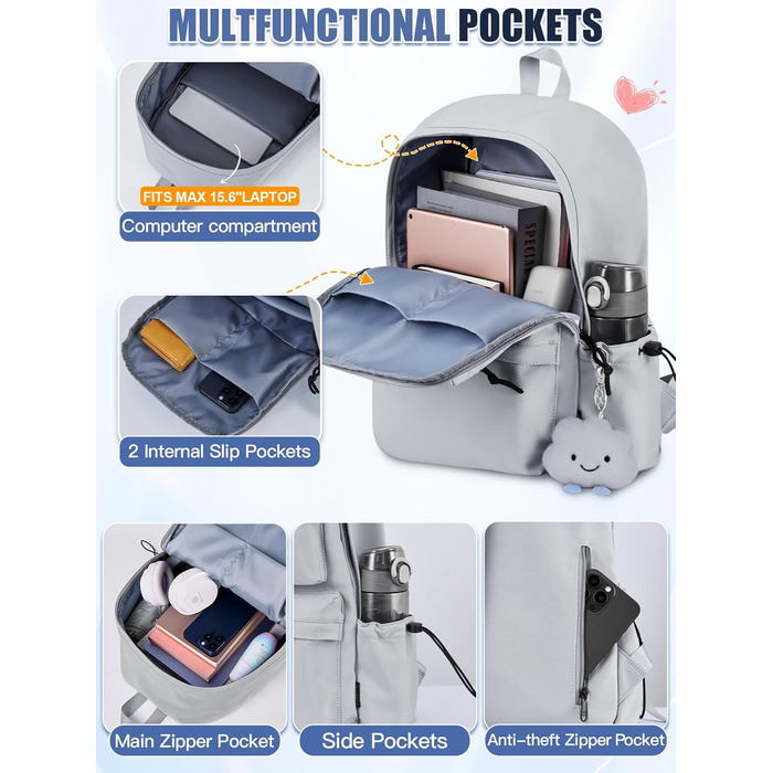 Жіночий рюкзак FIORETTO для дівчаток та хлопчиків, підходить для ноутбука 15.6 дюймів, з антикрадійним кишеням, ідеальний для школи, коледжу, подорожей, зелений (світло-сірий)