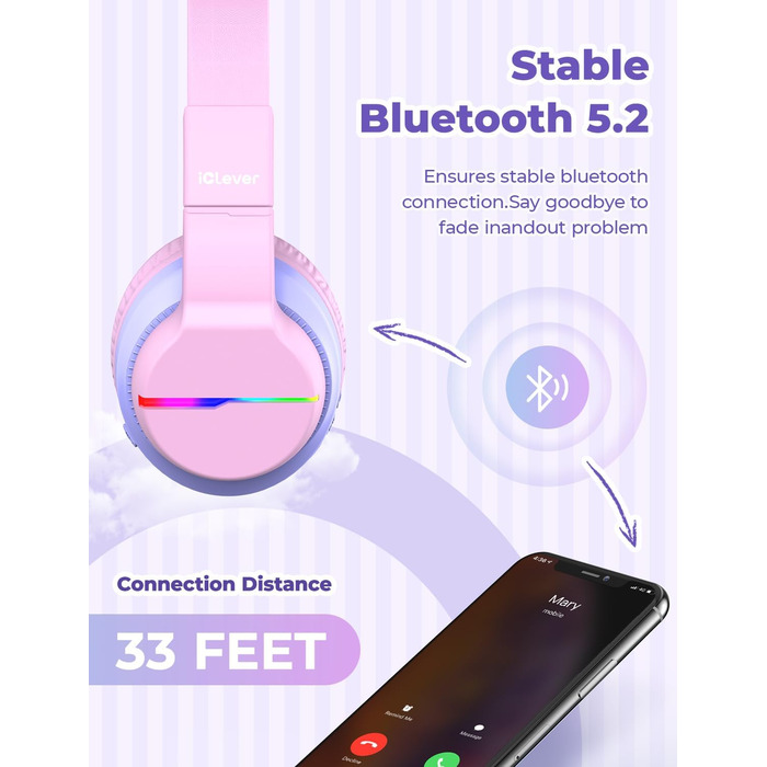 iClever Бездротові навушники для дітей з LED-підсвіткою, Over-Ear, Bluetooth 5.2, мікрофон, рожеві