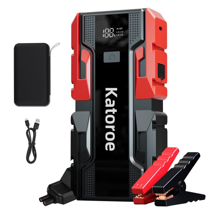 Powerbank для автомобіля з пусковим струмом 60000A, бустер акумулятора для бензинових (до 10л) та дизельних (до 8л) двигунів, ліхтарик 400 люмен, 2x USB, червоні кабелі