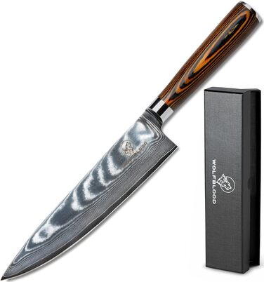 Професійний кухонний ніж Wolfblood XL 32 см із дамаської сталі 67 шарів, дерев'яна ручка, подарункова коробка та чохол для леза