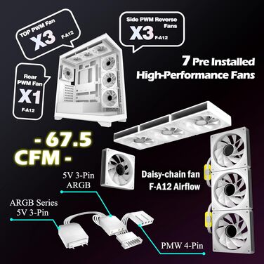 Ігровий корпус для ПК ANSAITE ATX Mid-Tower, 6 ARGB PWM вентиляторів, панорамне загартоване скло, підтримка радіатора 360мм, USB Type-C, Чорний