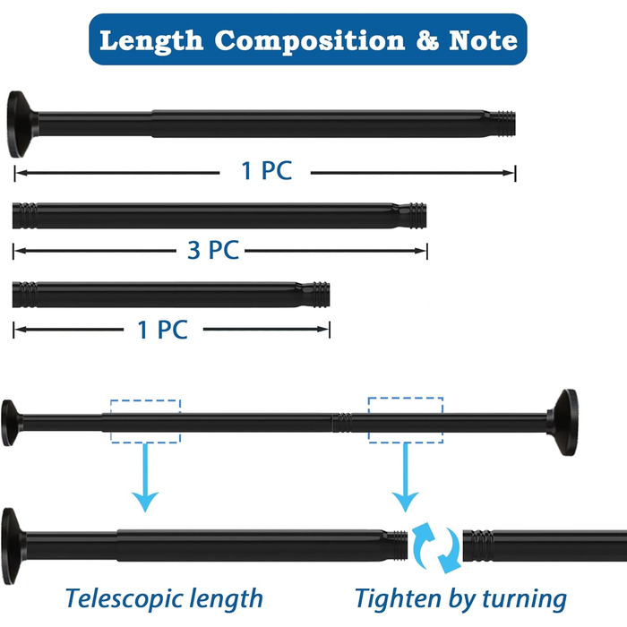 Штанга для штор у ванну/спальню, телескопічна, без свердління, 85-195 см, діаметр 32 мм, біла