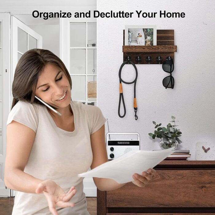 Key holder for wall, decorative key and mail holder with shelf has large key hooks for bags, coats – Paulownia wood key hanger with mounting material (24 cm W x 17 cm)
