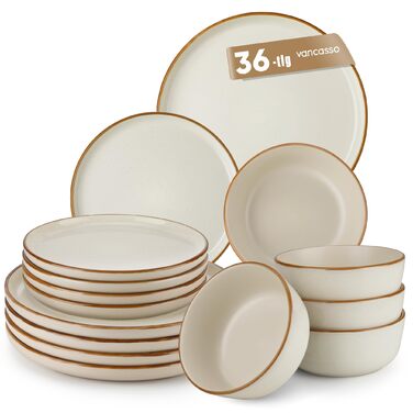 Набір посуду на 6 осіб Vancasso RENO 24 шт. з каменю, сучасний сервіз: тарілки для їжі, супу, десерту, миски. Підходить для миття в посудомийній машині та використання в мікрохвильовій печі. (Бежевий, 36 шт.)