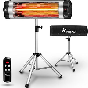 Інфрачервовий обігрівач TRESKO 2500W з пульт. дистанційного керування | 3 режими нагріву | Для тераси, дому та вулиці | Регульована висота (Срібний)