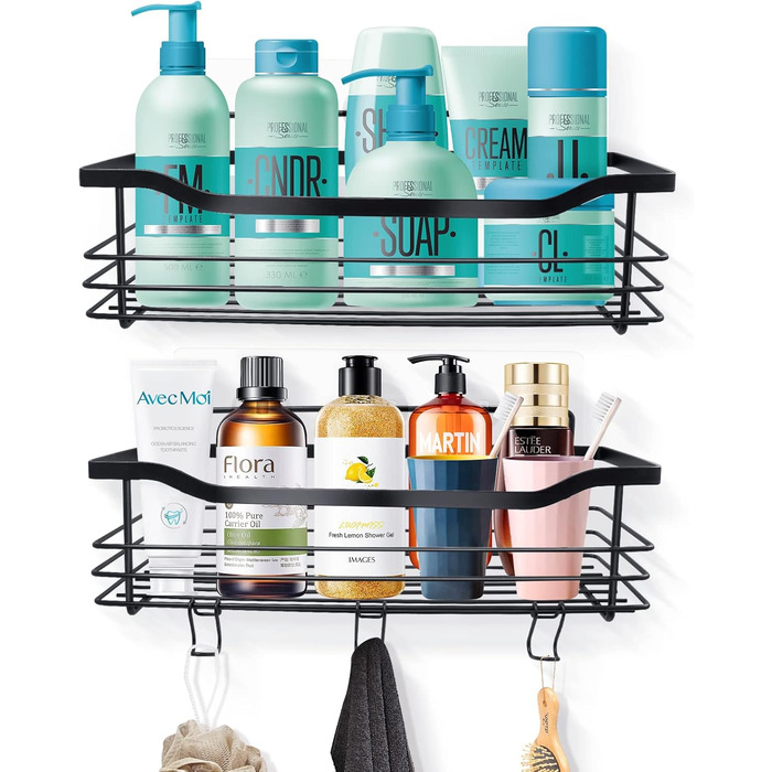 Підставка для душу з нержавіючої сталі без свердління, 2 шт. - органайзер для шампуню, гелю для душу, мила, ванни, кухні (чорний)