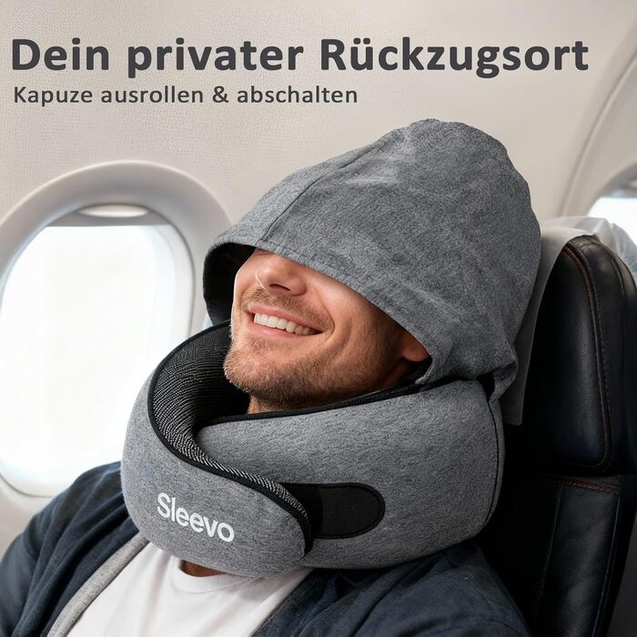 Подушка для шиї в літак з капюшоном та Memory Foam – Подушка-білка, подушка для сну та подорожей – Ергономічна подушка для подорожей, захист від світла & Пральна, з сумкою – Чорний (M) (Сірий M)
