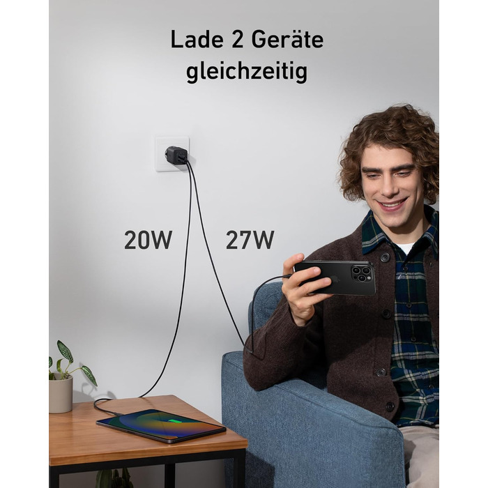 Зарядний пристрій Anker USB-C 47W, 523 Charger (Nano 3), компактний з 2 портами GaN, для iPhone 17/Pro/Pro Max/iPhone Air/16/15, Galaxy, Pixel 4/3, iPad/iPad mini (кабель не входить) Білий (Чорний)